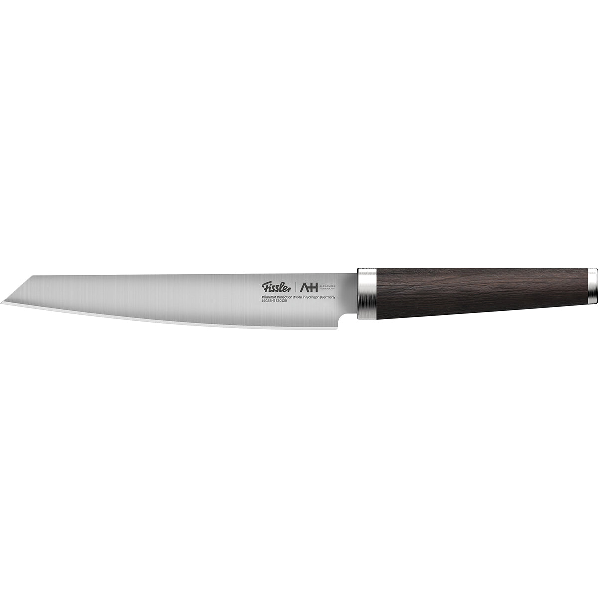 Fissler PrimeCut Fleischmesser 18cm mit Präzisionsklinge aus rostfreiem Stahl und dunklem Holzgriff, auf sauberem weißem Hintergrund.