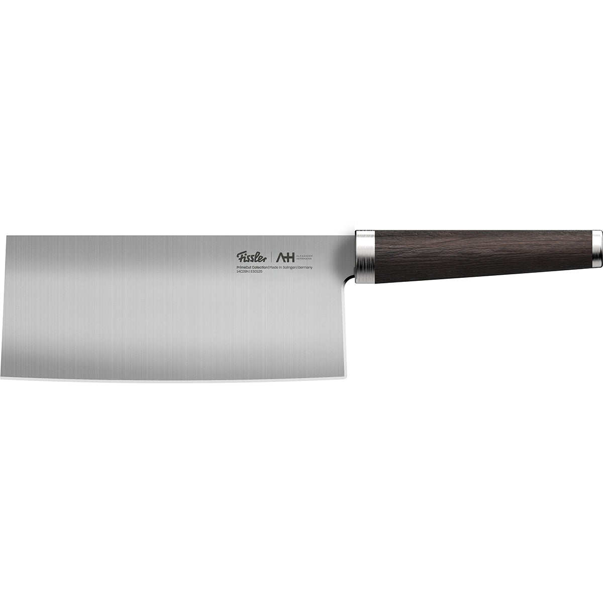 Fissler PrimeCut Chinesisches Kochmesser 18cm, Klinge aus rostfreiem Stahl, Griff aus dunklem Holz; modernes deutsches Design auf weißem Hintergrund.