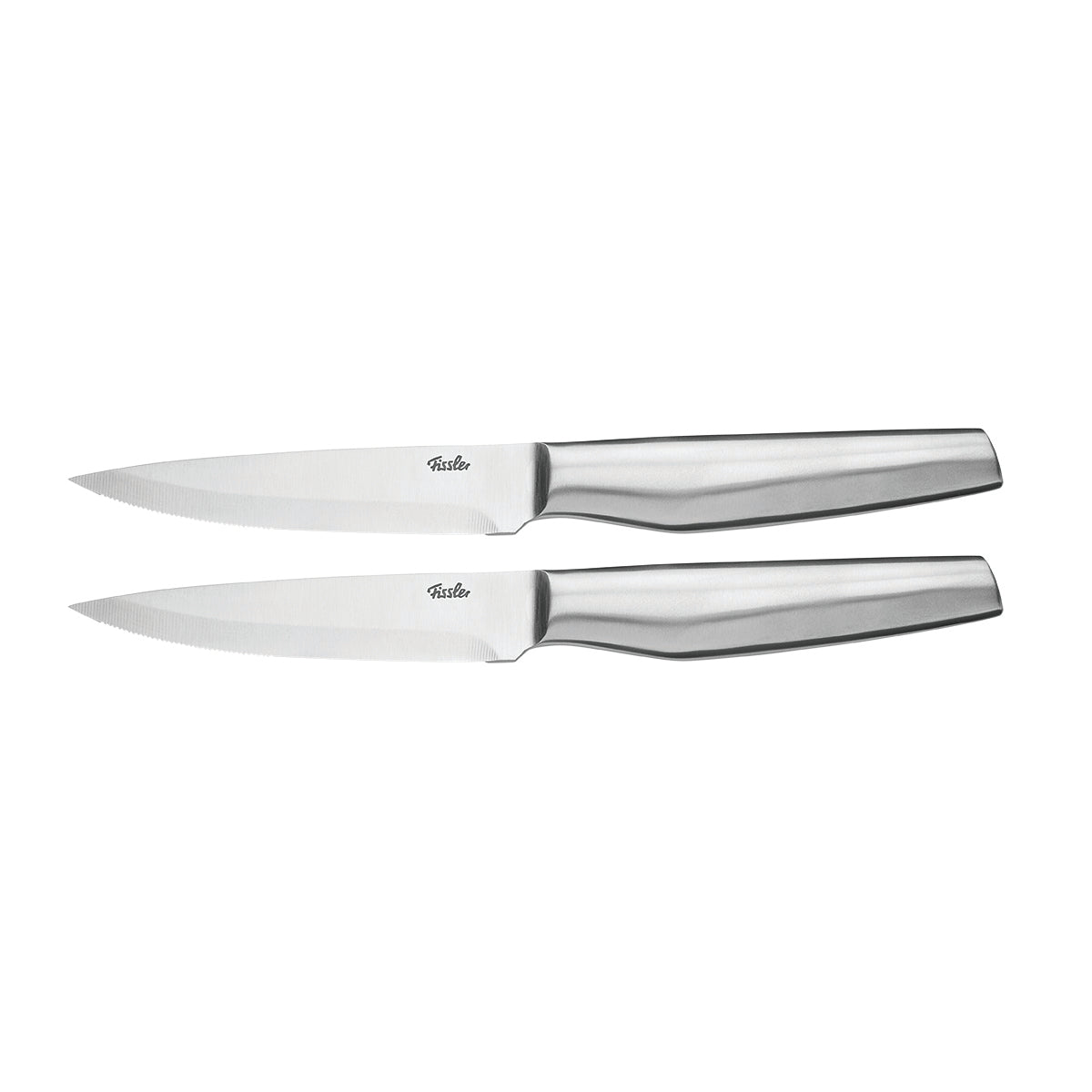 Zwei Fissler Essential® Steakmesser mit ergonomischen Griffen und Präzisionsklingen, die parallel auf einem weißen Hintergrund angeordnet sind.