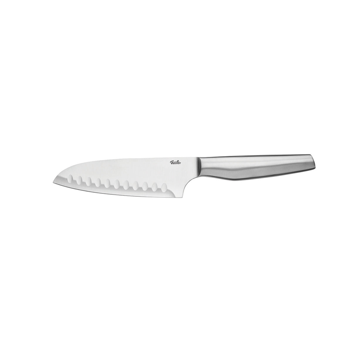 Fissler Essential® Santokumesser 12,4cm mit ergonomischem Griff und präziser Wellenschliffklinge, präsentiert auf weißem Hintergrund.