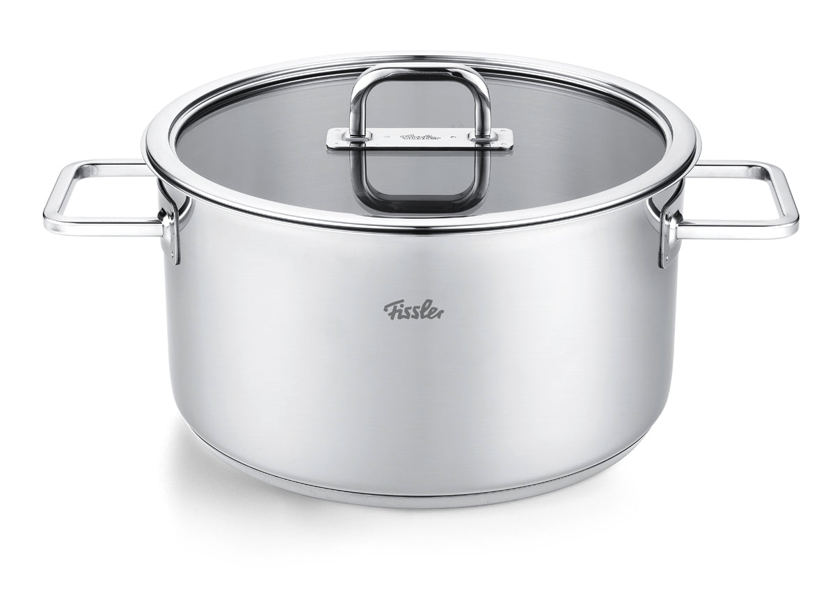Fissler Viseo® Pro 5-piece Cookware Set, premium 18/10 Stainless Steel, two handles, Glass Lid, iconic Fissler logo; Made in Germany.