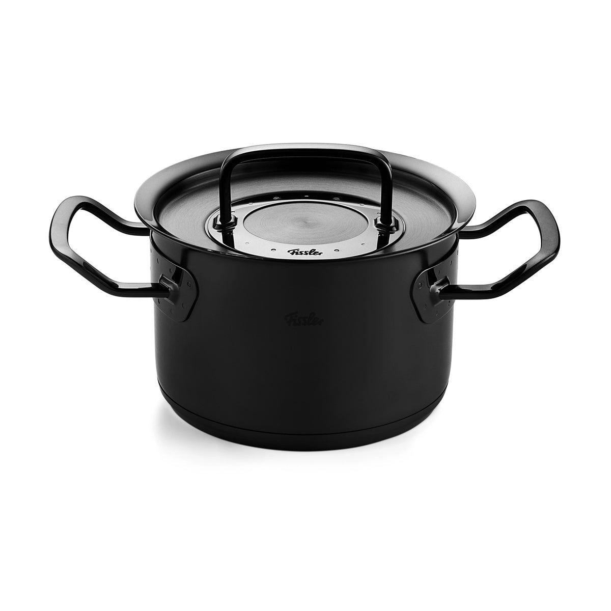 Fissler Original-Profi Collection® Shadowline Black Pot with Metal Lid and Sturdy Handles, showcasing German precision engineering.