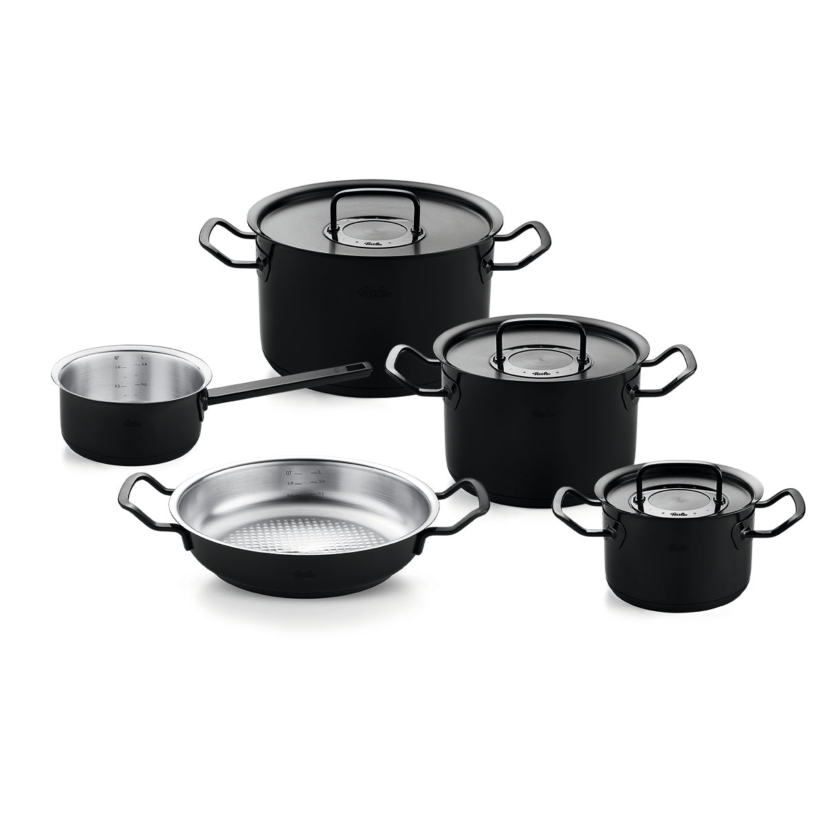5-piece Fissler Original-Profi Collection® Shadowline Set in black high-tech PVD, precision-crafted, on a white background.