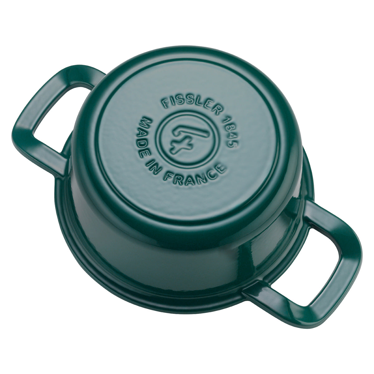 A dark green Fissler cast iron pot, Original-Profi Collection®, upside down, with two handles and embossed Fissler logo and year.