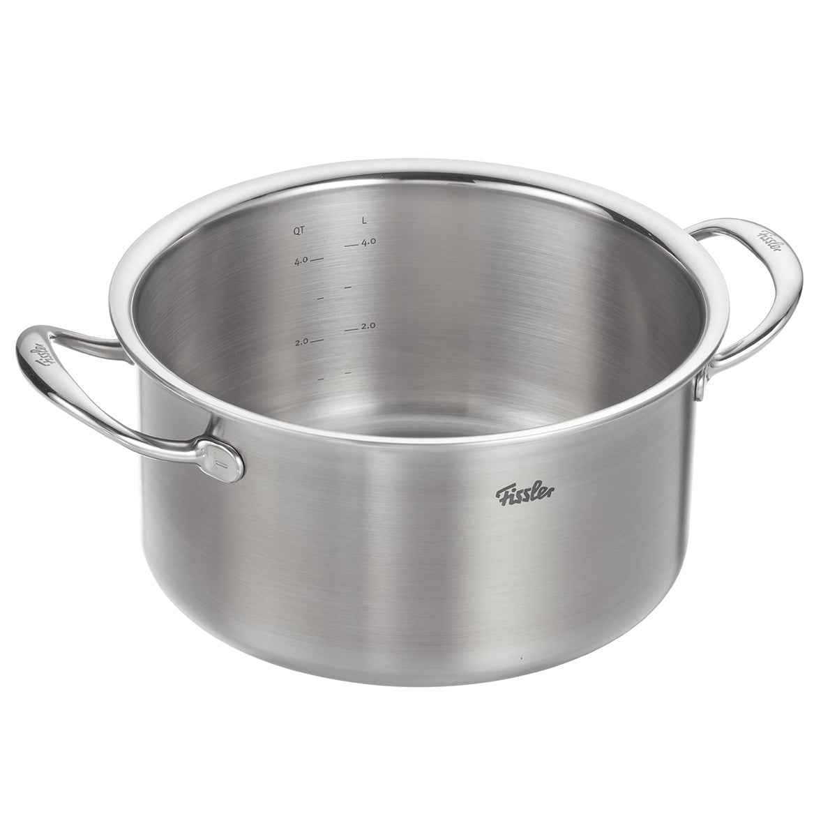 Fissler M5 Pro-Ply Cooking Pot: dishwasher-safe recycled stainless steel, with measuring scale, Metal Lid & induction compatible.