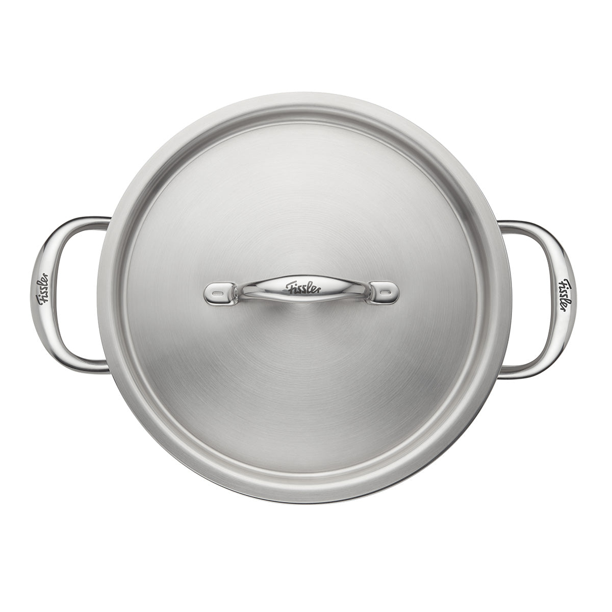 Top view of the Fissler M5 Pro-Ply® stainless steel pot with metal lid, crafted from recycled Edelstahl for lasting durability and timeless design. Both side handles and the centered metal lid handle bear the engraved Fissler logo, reflecting our heritage of precision engineering since 1845. Perfectly suited for induction cooktops, this dishwasher-safe cookware exemplifies innovative German quality and easy maintenance—a hallmark of Fissler’s commitment to excellence in modern kitchens.