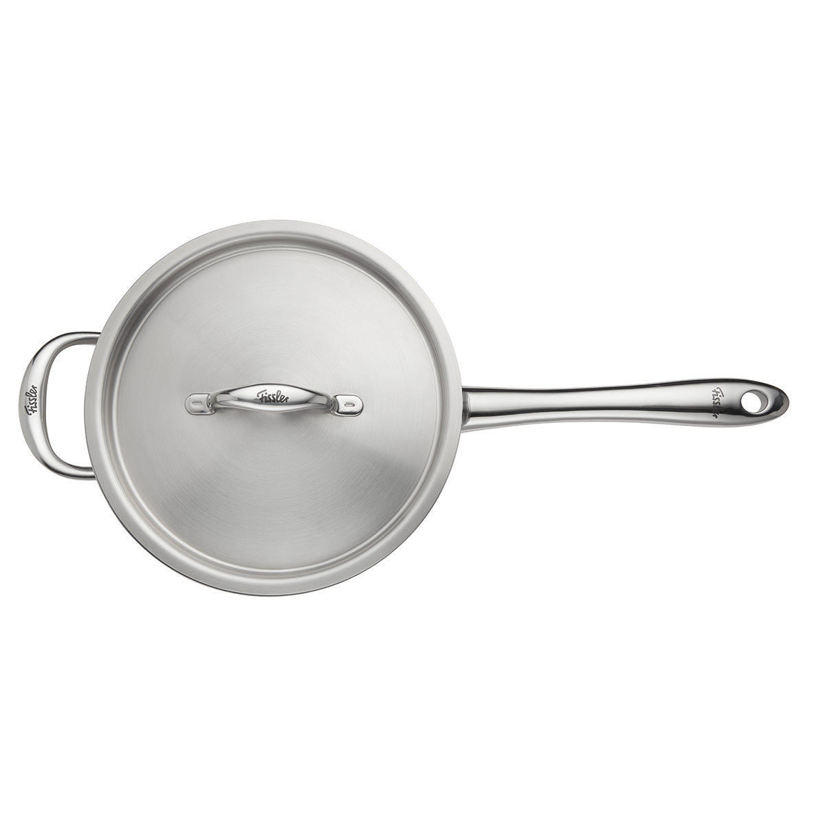 Fissler M5 Pro-Ply Sauté Pan made of recycled stainless steel with metal lid, two handles, modern design; top view.