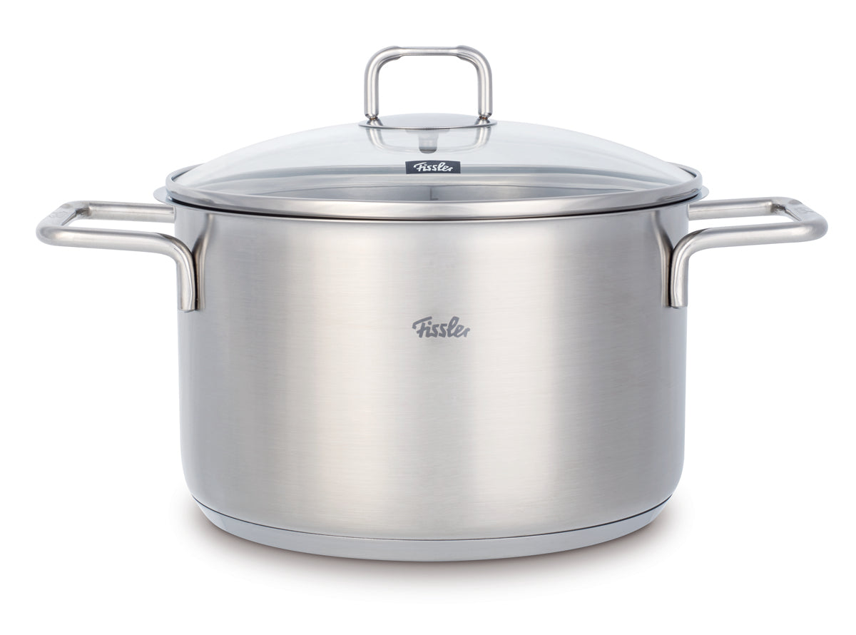 Fissler SatiTherm 5-piece stainless steel Cookware Set, timeless design, with glass lids and logo, shown on a white background.