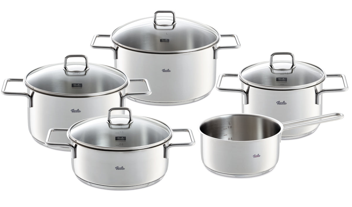 Fissler LumiTherm 5-pc. Set: four precision-crafted pots with glass lids, one saucepan, all made of stainless steel. Made in Germany.