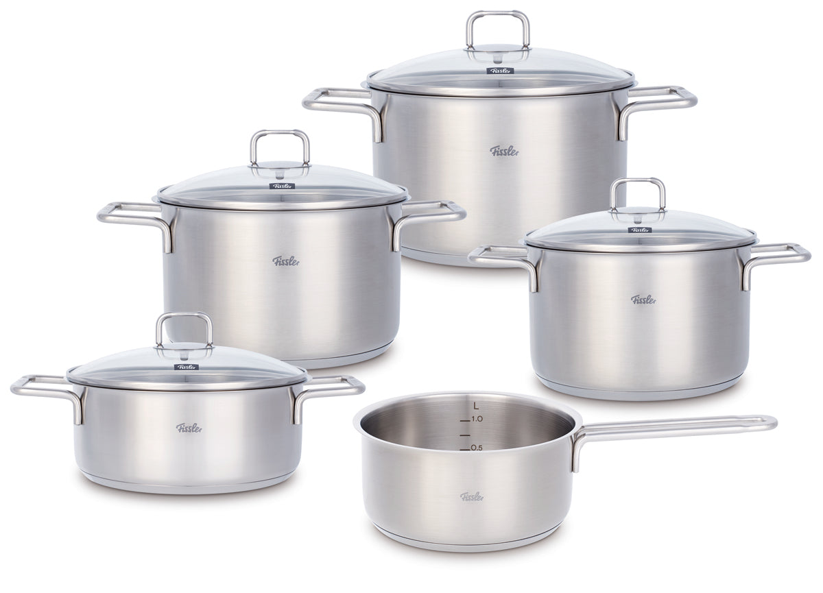 Fissler SatiTherm 5-piece Cookware Set: four induction-compatible stainless steel pots with Glass Lid, Saucepan without Lid.