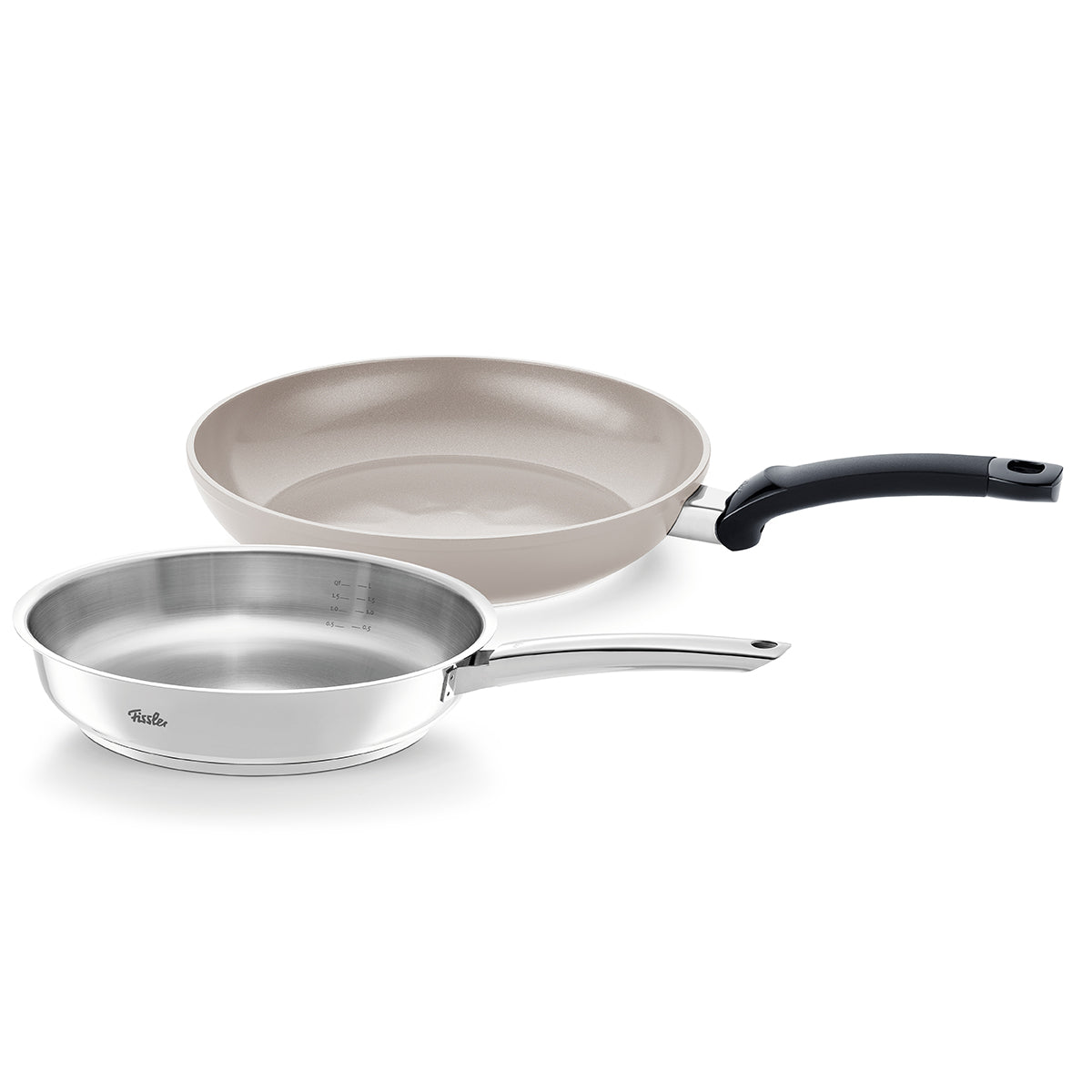Experience Fissler’s commitment to quality and precision with this 2-piece frying pan set: the Ceratal® Classic 28 cm featuring a PFAS-free ceramic nonstick beige interior and ergonomic black handle, alongside the Pure Collection Pure Pfanne 24 cm with an expertly crafted stainless steel body and sophisticated metal handle. Both pans exemplify German engineering, timeless design, and durability—hallmarks of Fissler cookware since 1845—displayed side by side on a white background.