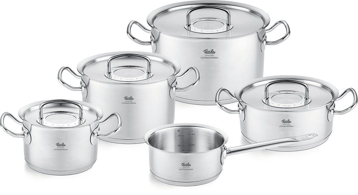 Fissler Original-Profi Collection® Retro 5-piece Cookware Set in stainless steel, sturdy handles, polished finish. Made in Germany.
