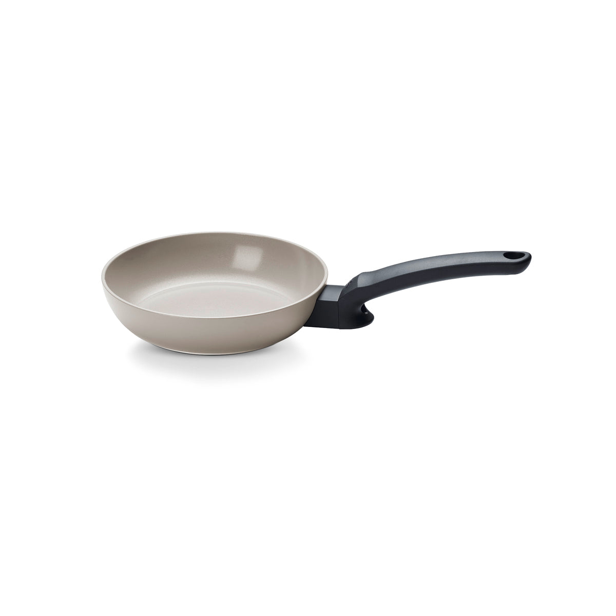 Fissler Ceratal® Evo Classic Frying Pan in beige, ceramic PFAS-free non-stick pan with black handle. Modern German design on a white background.