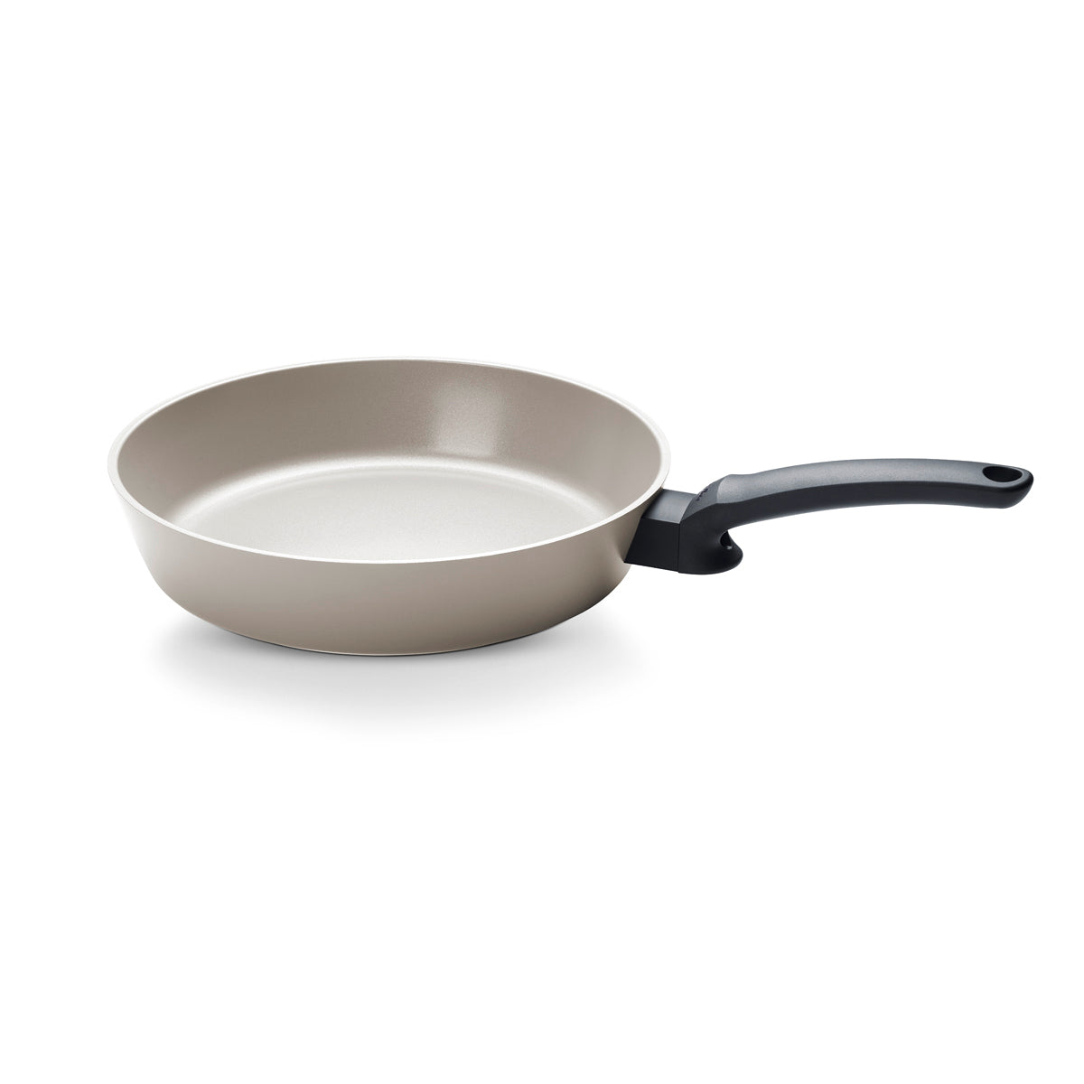 Fissler Ceratal® Evo Comfort pan set (24 cm & 28 cm), beige with black handles, ceramic-coated. Precision-made in Germany.