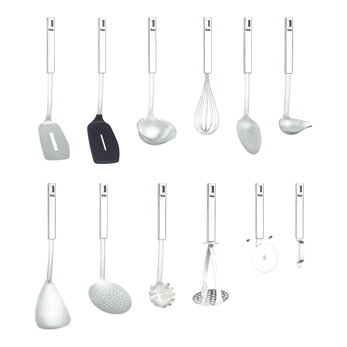 Fissler Original-Profi Collection® 12-teiliges Utensilienset, hochwertige Werkzeuge aus Edelstahl in zwei ordentlichen Reihen auf weißem Grund angeordnet.