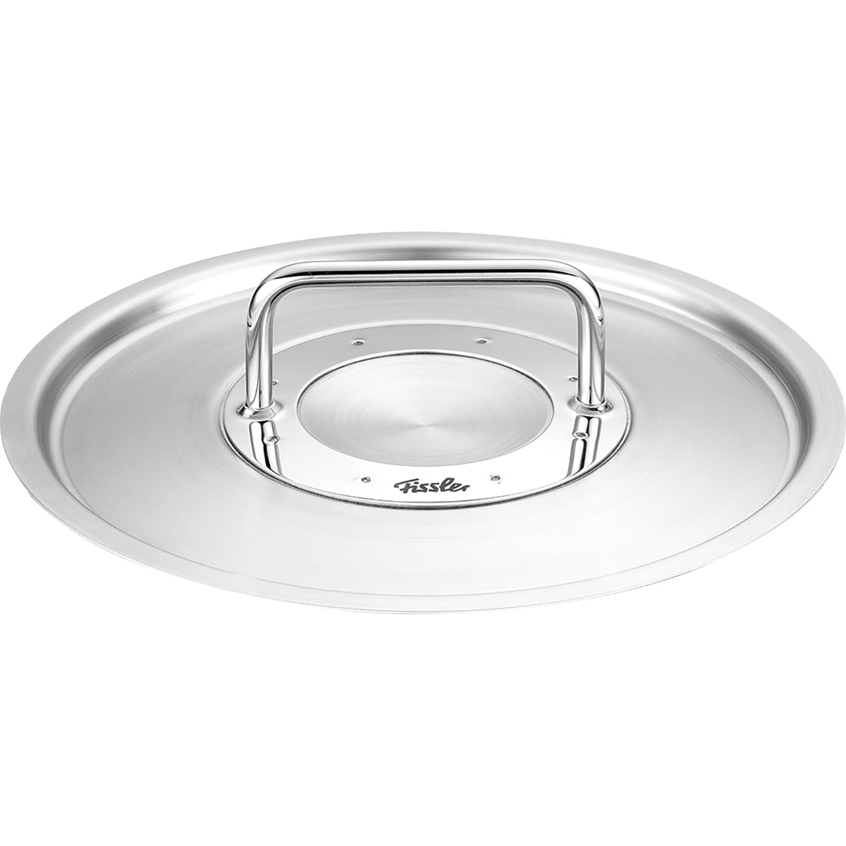 Fissler Adamant® Metalldeckel 20 cm aus Edelstahl mit ergonomischem Griff und Logo, der Präzision und zeitloses Design verkörpert.
