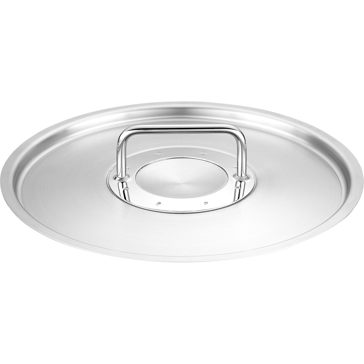 Fissler Adamant® Metalldeckel 24 cm mit flachem ergonomischem Griff, Edelstahl gebürstet, Draufsicht auf weiß. Qualität Made in Germany.