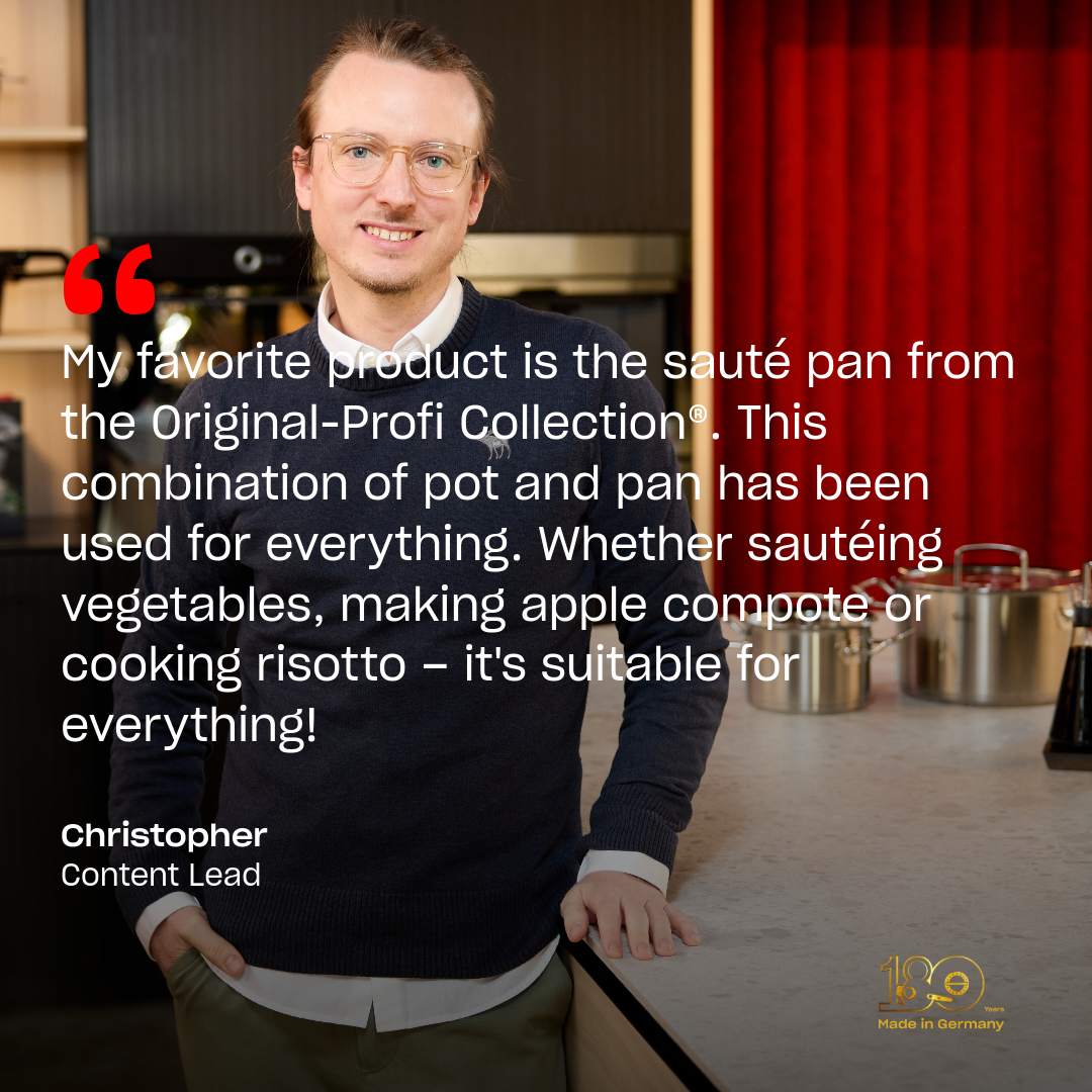 A man with glasses and a bun stands smiling in a sleek, modern kitchen beside Fissler’s premium stainless steel cookware. Large text highlights the exceptional versatility of the Fissler stainless steel sauté pan. The iconic “Made in Germany” logo appears in the bottom right, reflecting Fissler’s heritage of precision engineering and timeless design since 1845.
