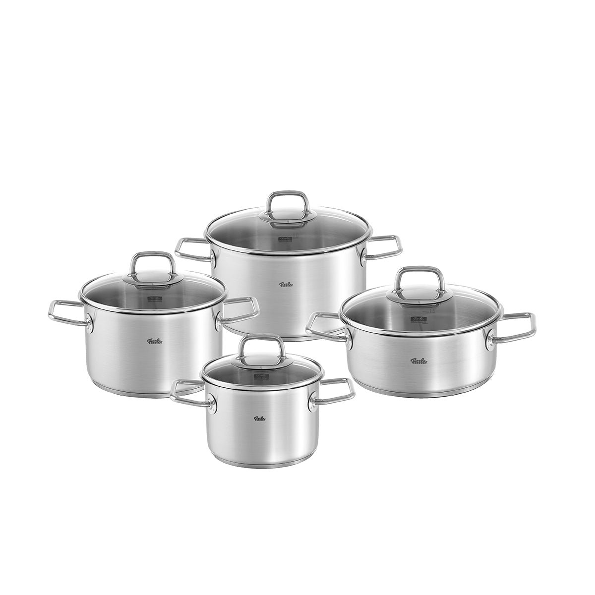 Fissler Viseo® 4-teiliges Topfset aus Edelstahl mit Glasdeckeln, Fissler-Logo, induktionsgeeignet. Langlebigkeit made in Germany.