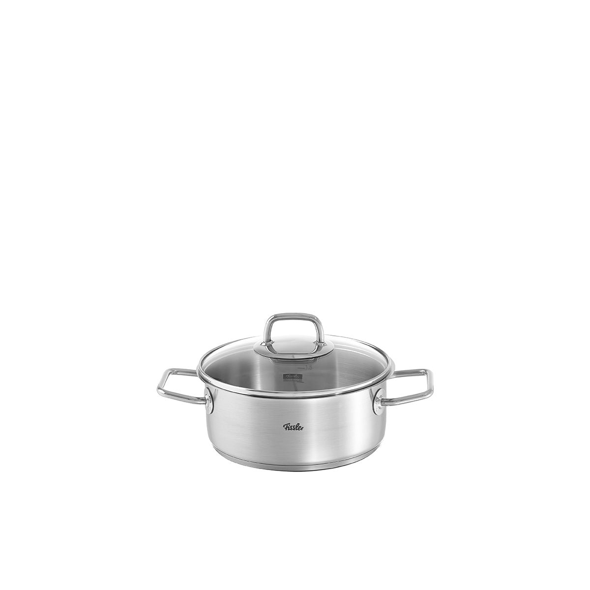 Fissler Viseo® Bratentopf 20 cm aus Edelstahl, mit zwei Griffen und Glasdeckel, modern und funktional vor weißem Hintergrund.