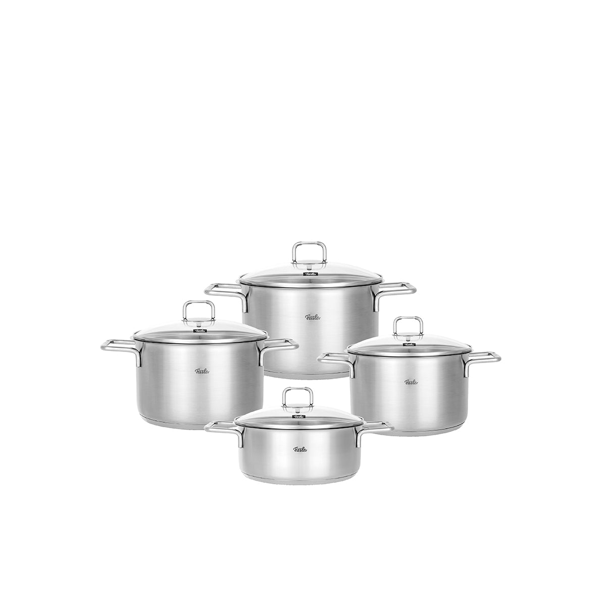 Four premium Fissler Hamburg stainless steel pots with glass lids and ergonomic, robust handles are elegantly arranged on a white background. Precision-engineered in Germany since 1845, these induction-compatible pots exemplify Fissler’s heritage of durability, innovation, and timeless design—an essential addition to any discerning kitchen.