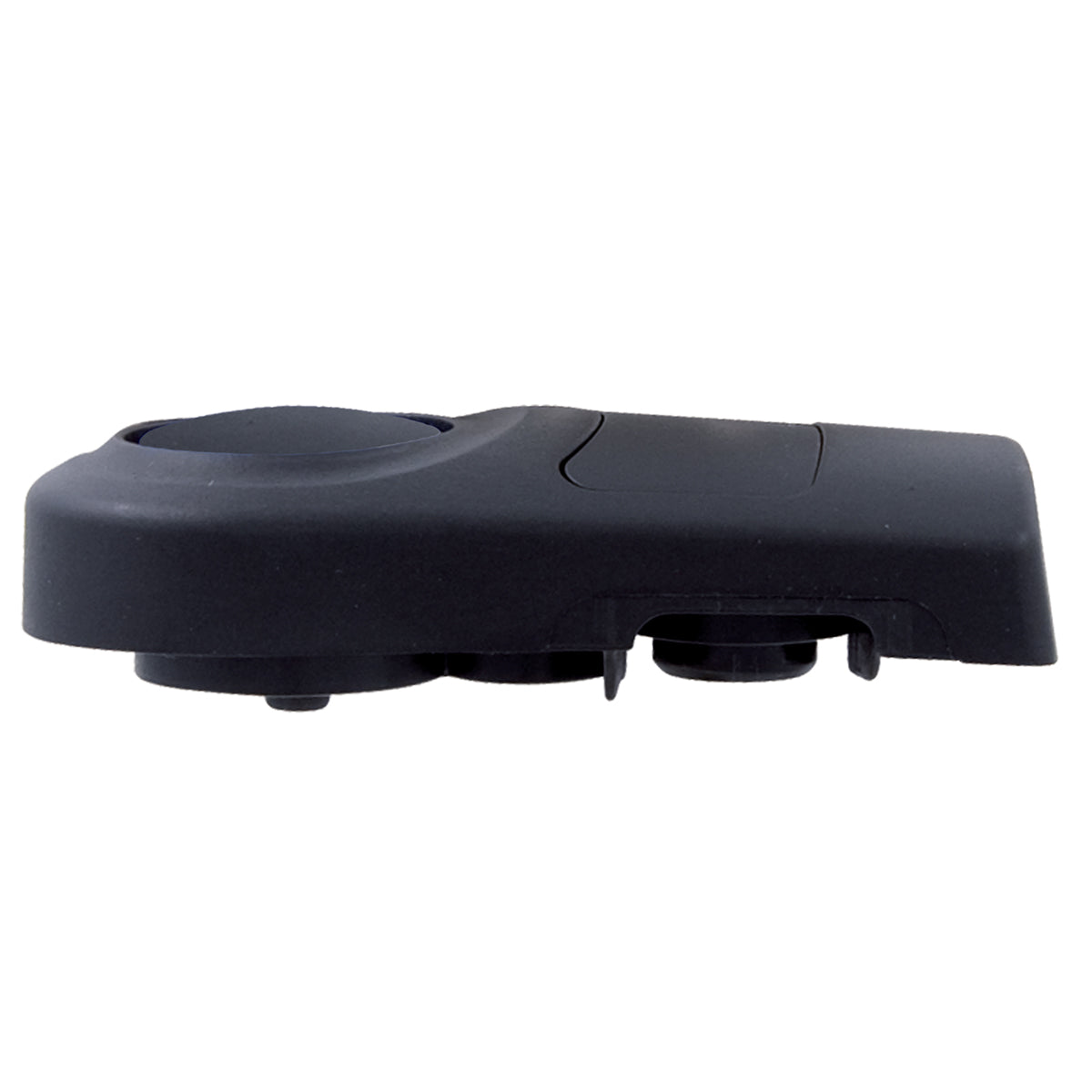 An elegant, black keychain with rounded edges, reminiscent of Vitaquick® precision - the side view shows two buttons and a ring attachment.