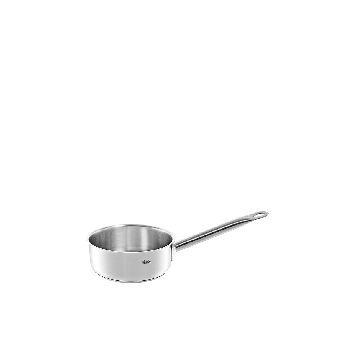 Fissler San Francisco 16 cm Stieltopf, Edelstahl 18/10, langer Griff, Logodetail, induktionsgeeignet. Modernes deutsches Design auf Weiß.