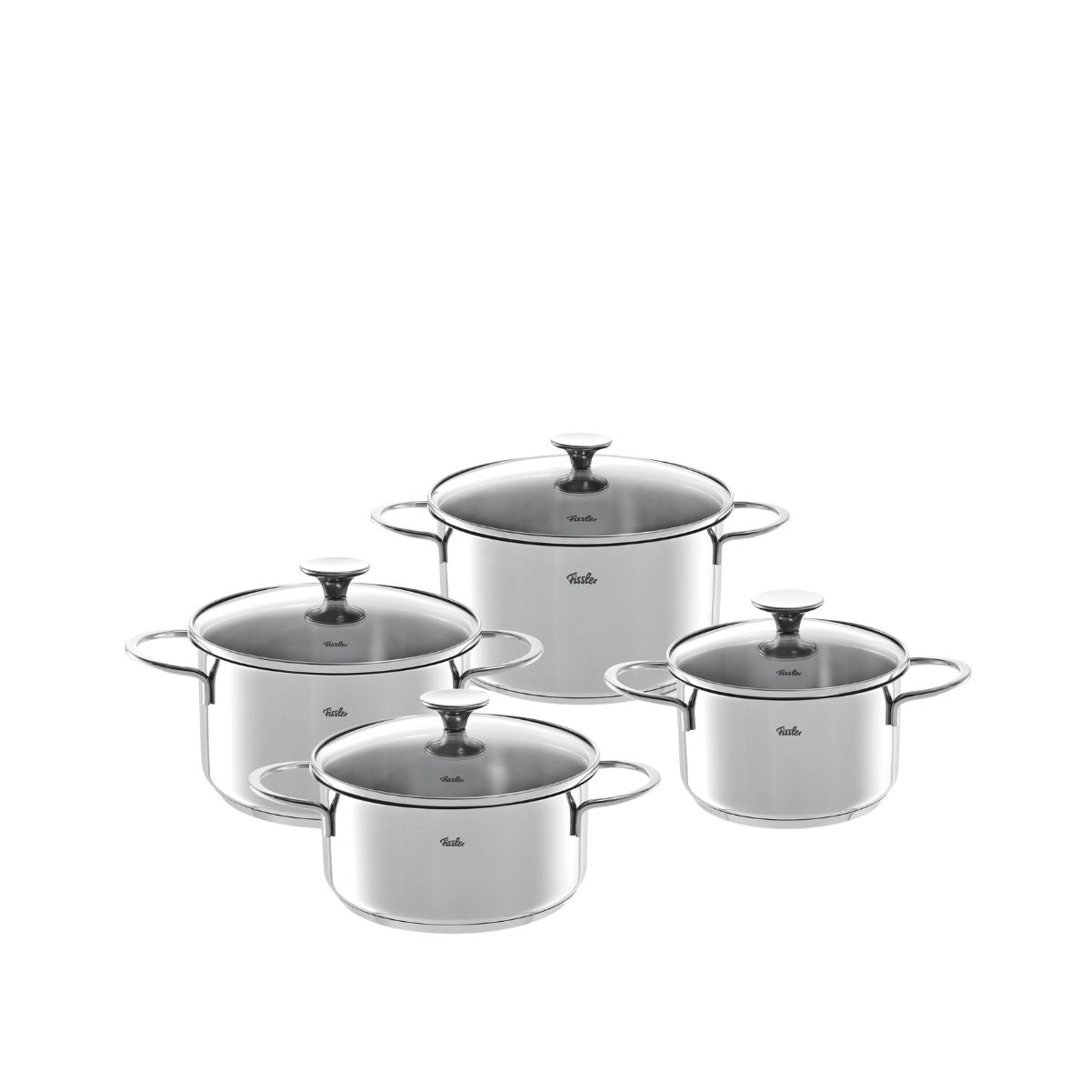 Fissler Copenhagen 4-piece stainless steel cookware set with glass lids and metal handles, made in Germany, shown on a white background.