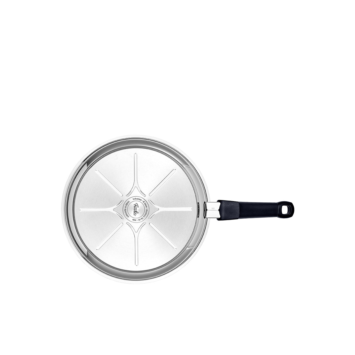 Fissler Adamant® Premium Frying Pan, silver with black handle, top view. Durable, scratch-resistant Non-Stick Coating - timeless German design.