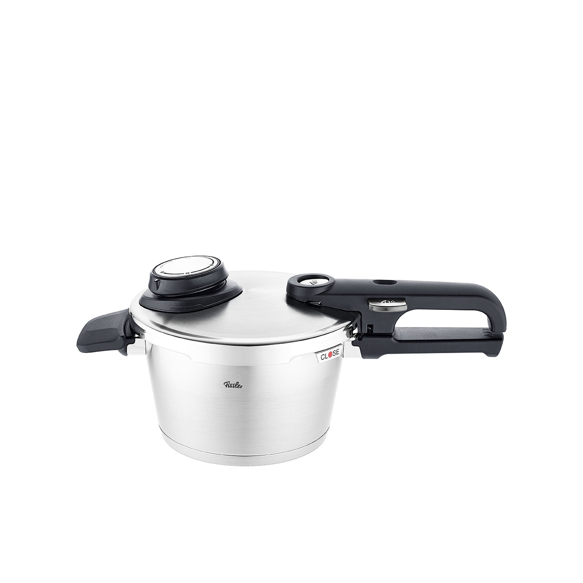 Fissler Vitavit® Premium Pressure Cooker with Black Handle, Lid Lock, and Pressure Indicator. German Precision on a White Background.