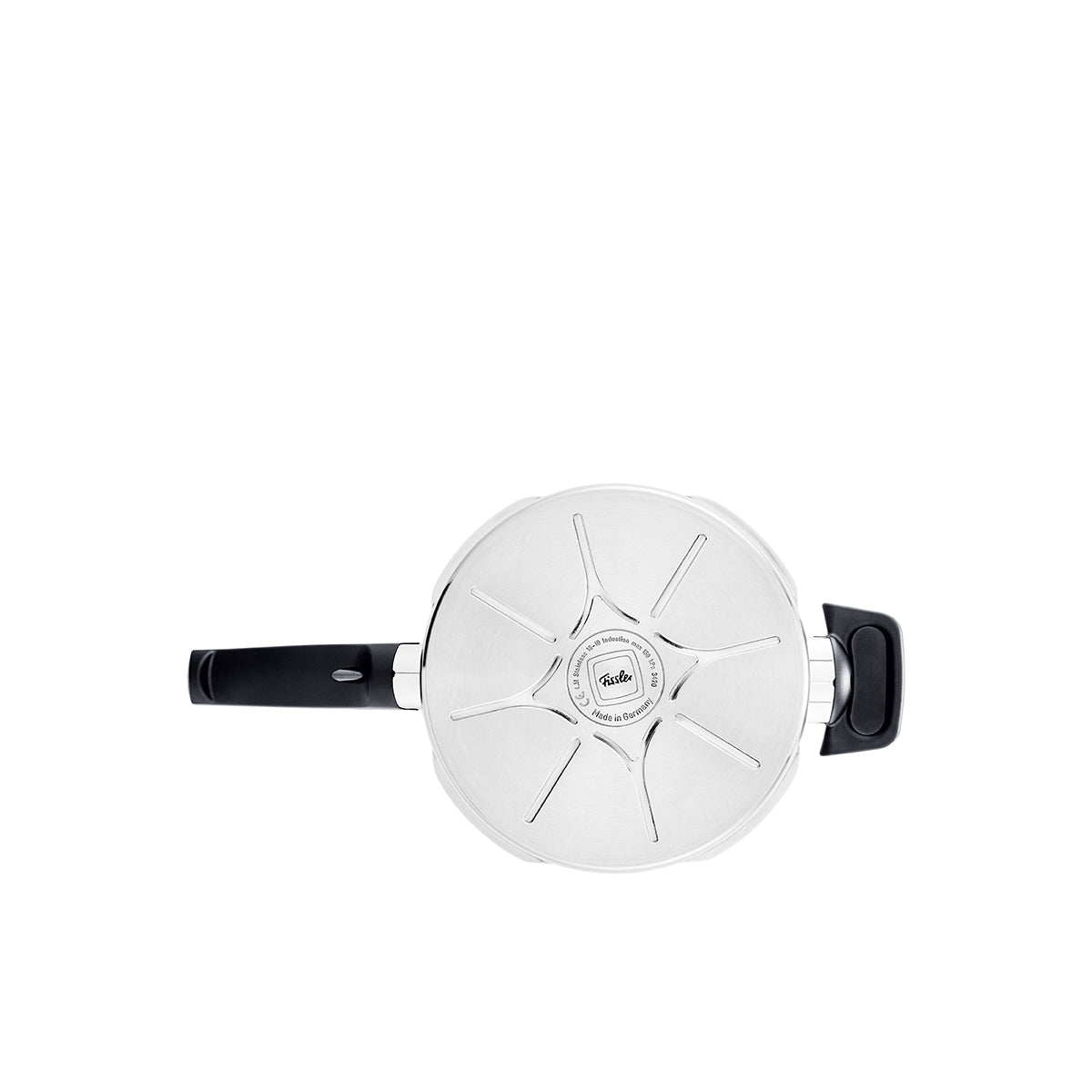 A top-down view of the Fissler Vitavit® Premium Schnellbratpfanne, crafted in Germany and featuring two ergonomically designed black handles—one long and one short—showcasing Fissler’s signature stainless steel quality and timeless precision engineering against a white background.