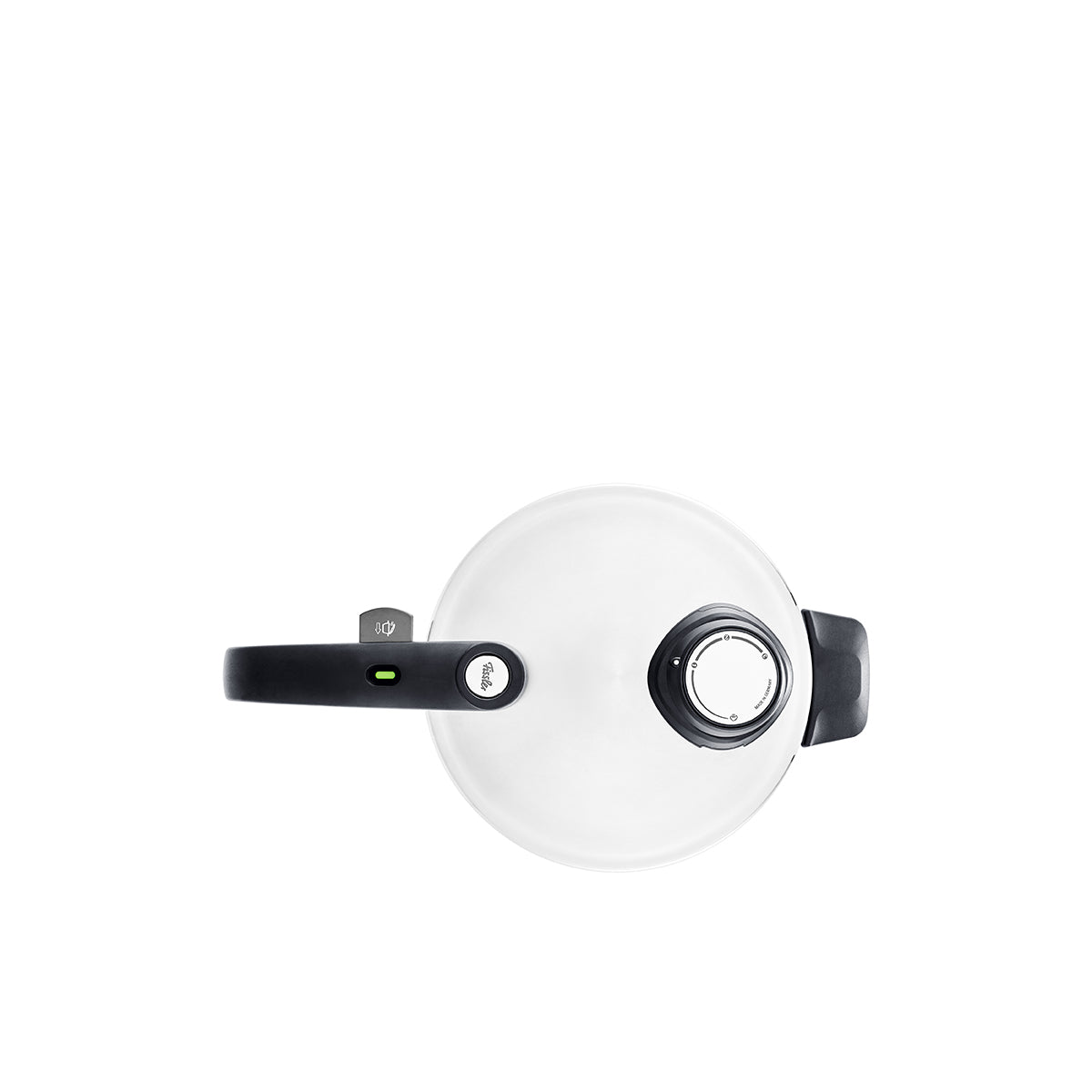 Top-down view of the Fissler Vitavit® Premium Schnellbratpfanne, showcasing the elegant black handle, signature green indicator for intuitive control, and a robust circular Edelstahl 18/10 stainless steel lid. The high-quality “Made in Germany” craftsmanship is displayed on a clean white background, reflecting Fissler’s heritage of innovation, precision engineering, and timeless design.