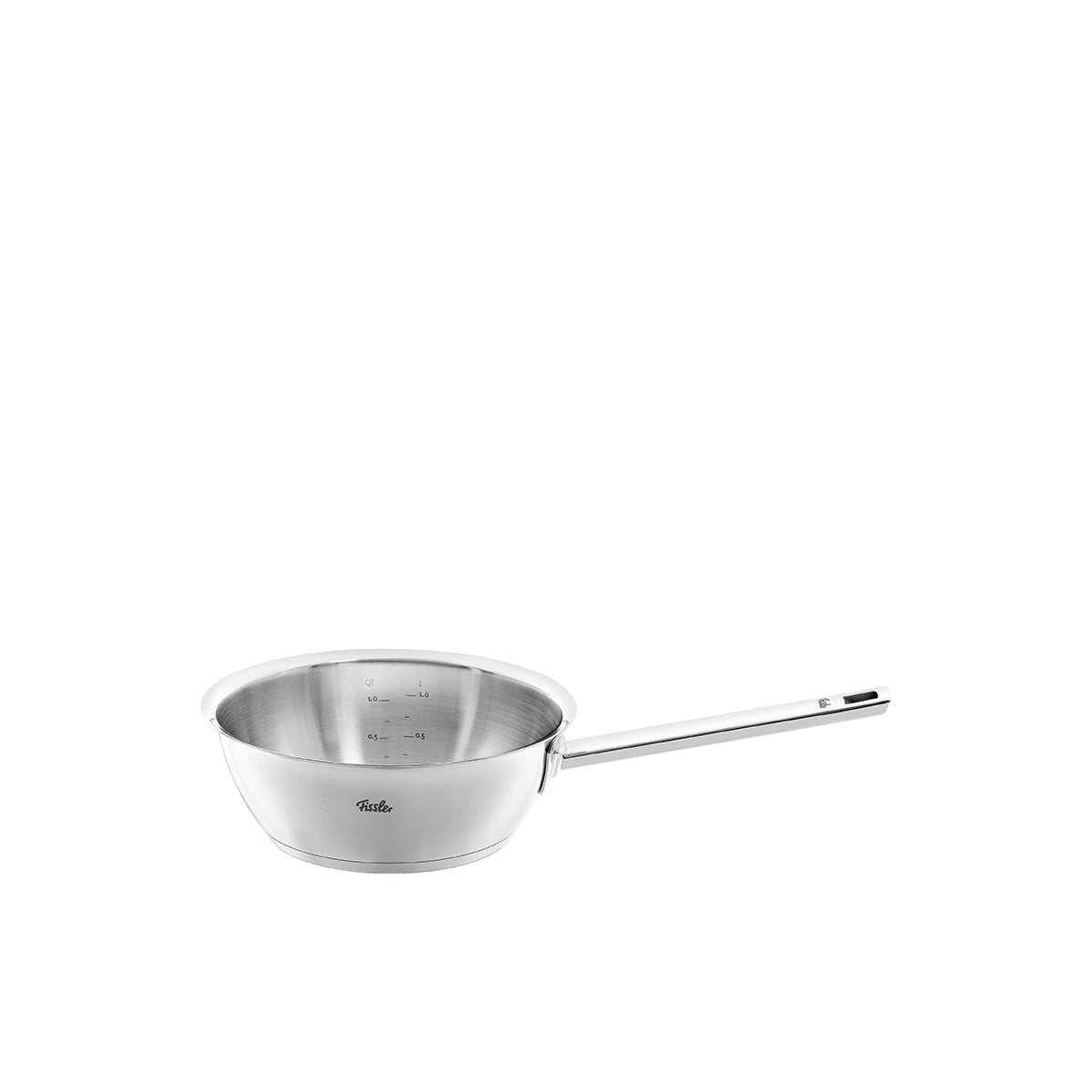 Fissler Original-Profi Collection® Sauteuse 20cm ohne Deckel, aus präzisionsgefertigtem Edelstahl, abgebildet mit langem Griff auf weiß.