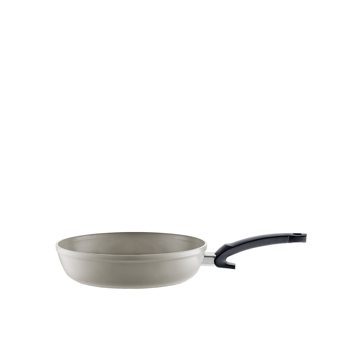 Fissler Ceratal® Comfort Frying Pan, silver body with black handle, clean modern look. Ceramic Coating, PTFE-free. Made in Germany.