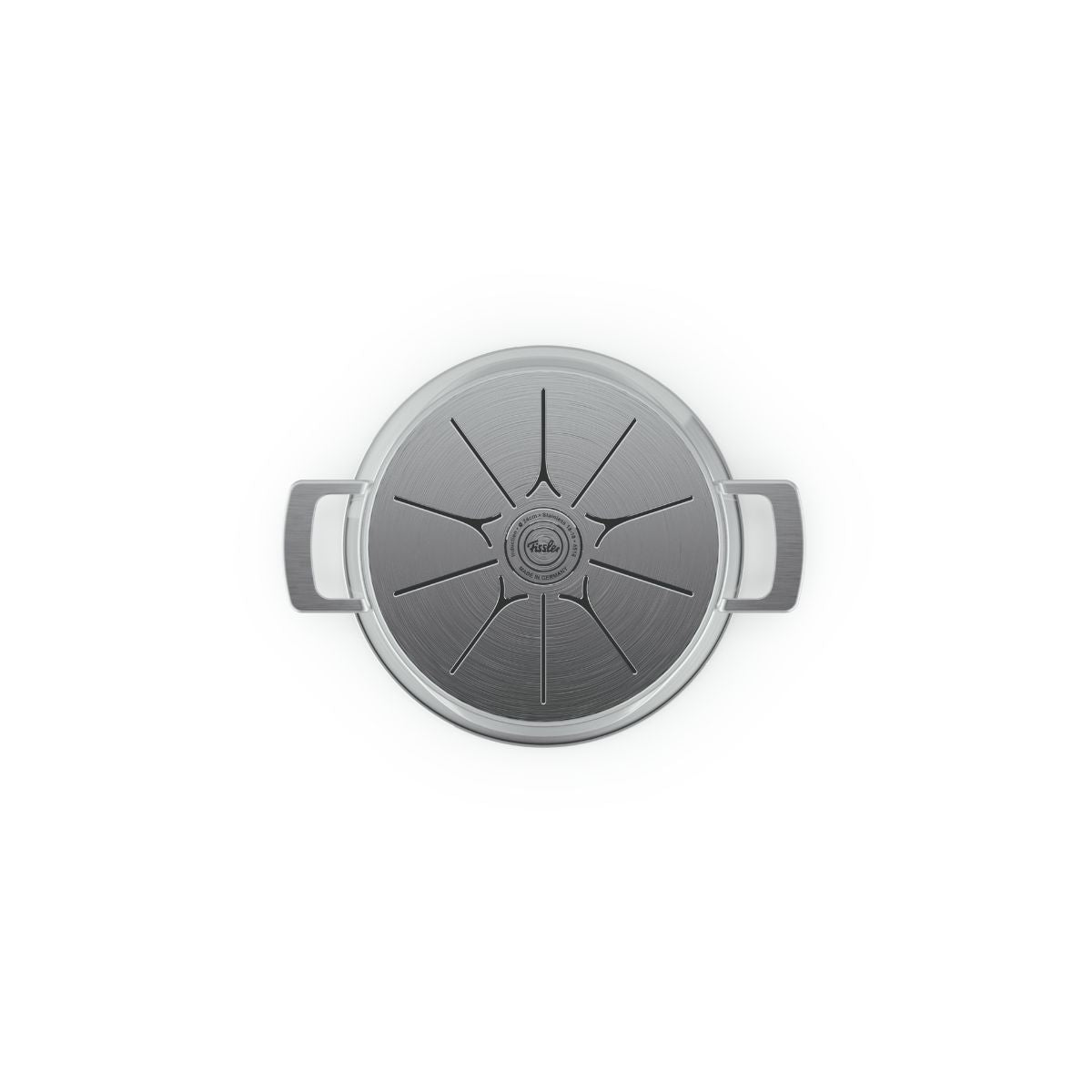 Draufsicht auf den „Hoher Kochtopf mit Glasdeckel“ aus der Fissler Phi Collection® – ein hochwertiger deutscher Edelstahltopf mit Griffen und elegantem Design.