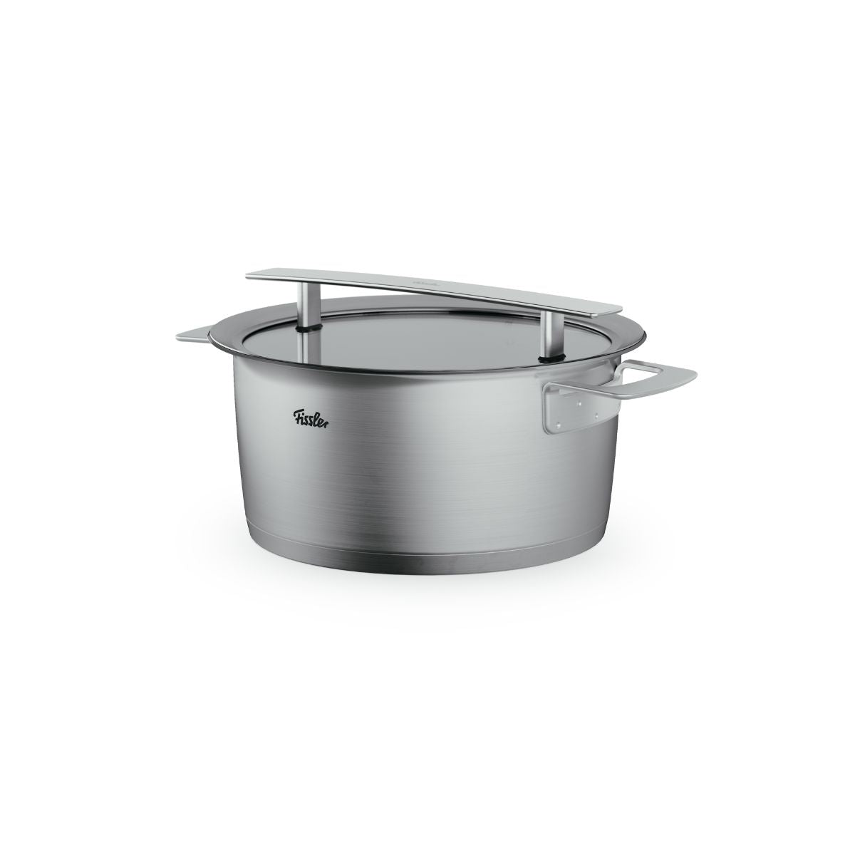 Fissler Phi Collection® 4-piece Cookware Set in stainless steel with glass lids and modern curved handles. Precision-engineered in Germany.