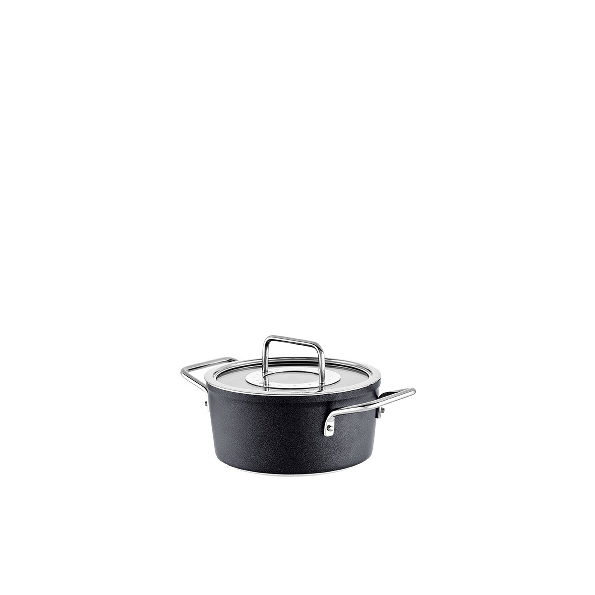 Fissler Adamant® Cooking Pot, small, black, scratch-resistant coating. With Glass Lid and silver handles. Made in Germany.
