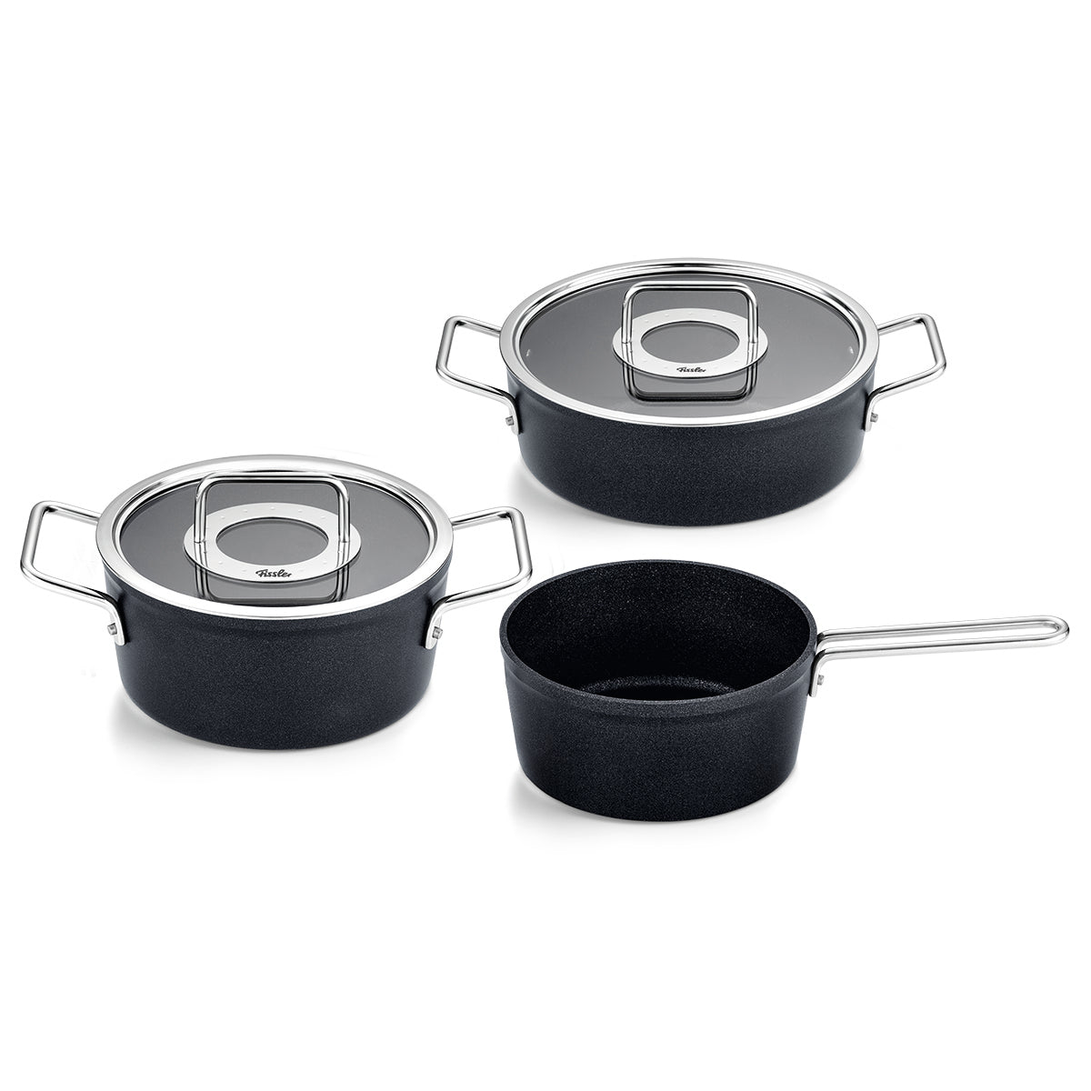 Fissler Adamant® 3-teiliges Set: schwarze Pfannen mit kratzfester Beschichtung, Glasdeckel, Vierkantgriffe - made in Germany.