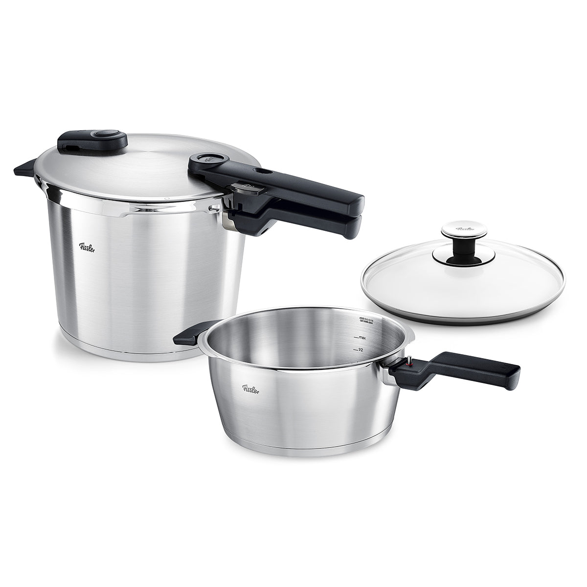 Vitaquick® Premium 2-pack: two precision Pressure Cookers by Fissler in stainless steel, black handles, Lid, on a white background.