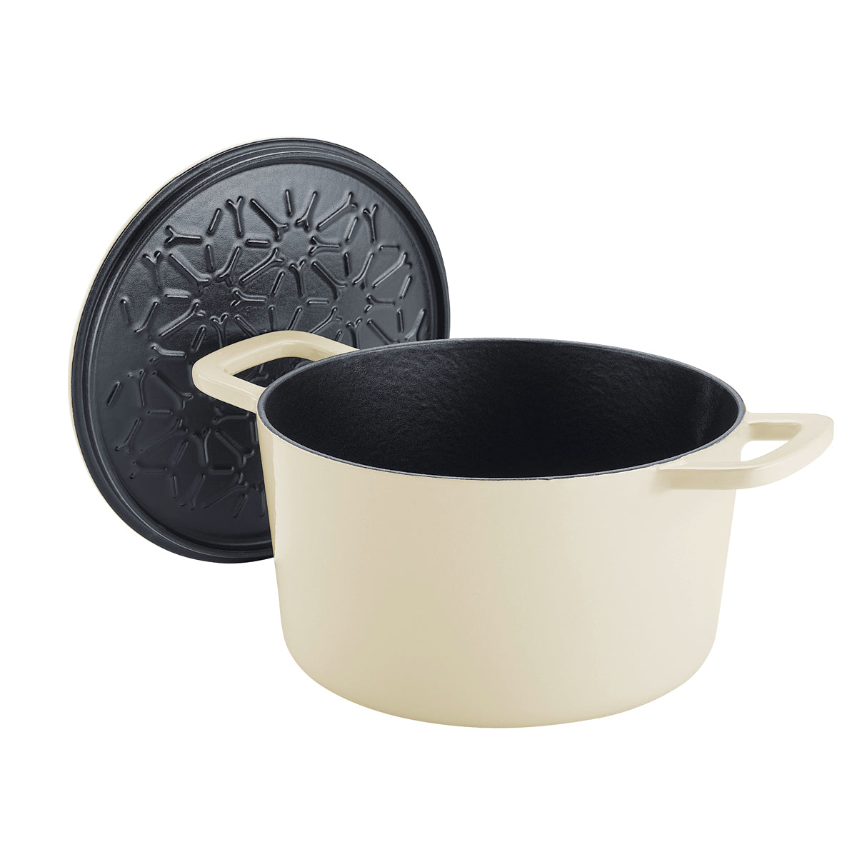 Fissler Moments Collection cream-colored cast iron Dutch oven with side handles, black interior, and energy-saving patterned lid shown.