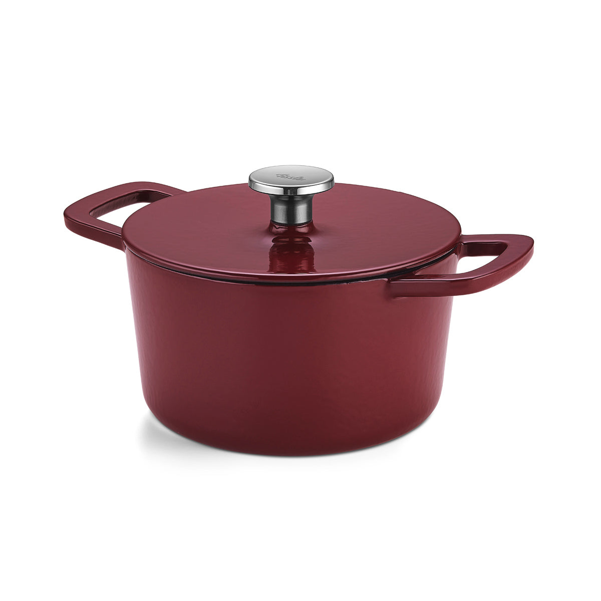 Red Fissler Moments Collection cast iron Dutch oven with lid, silver knob, and side handles; German precision for efficient cooking.