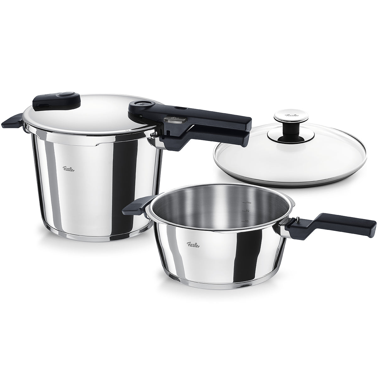 Erleben Sie deutsche Handwerkskunst mit dem 3-teiligen Fissler Vitaquick® Schnellkochtopf-Set im zeitlosen Edelstahl-Design.