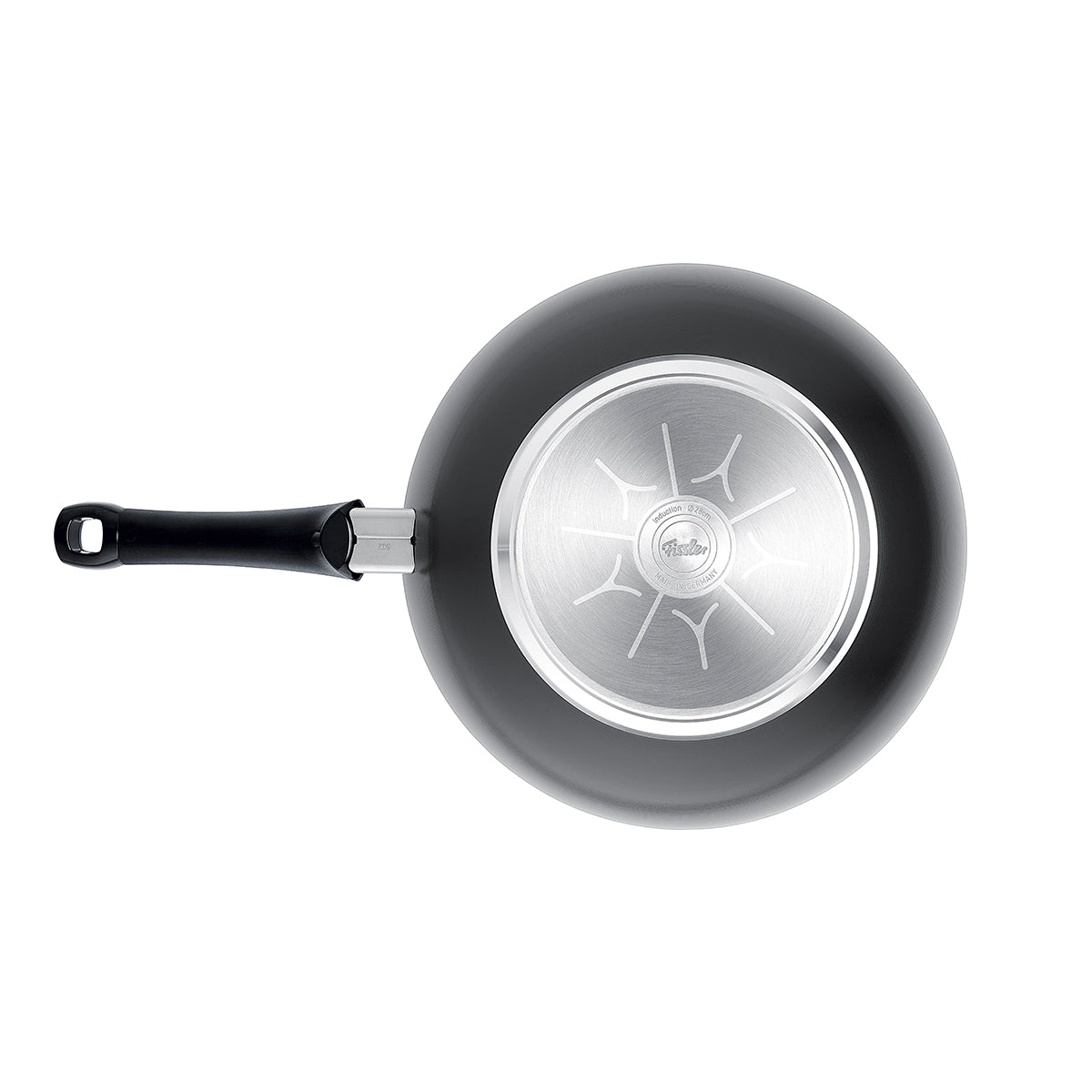 Top view of the Fissler Ceratal® wok pan, orbit black, 28cm, with black handle and patterned silver base, durable and PTFE-free.