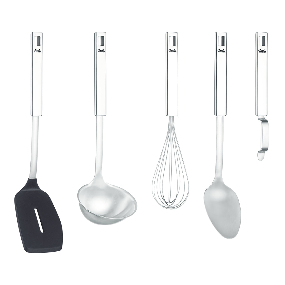 Fissler Original-Profi Collection® 5-teiliges Utensilienset aus Edelstahl: Pfannenwender, Schöpfkelle, Schneebesen, Servierlöffel, Dosenöffner.