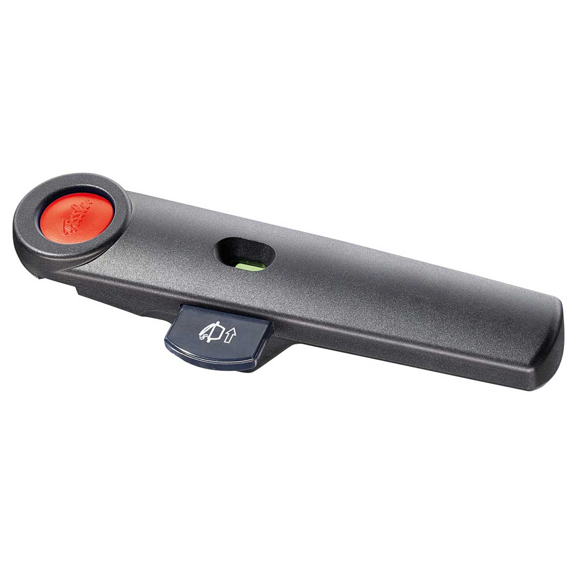 Fissler Vitaquick® Red Deckelstiel: Präzisionsgefertigter schwarzer Griff mit rotem Knopf, grüner Anzeige und blauem Hebel.