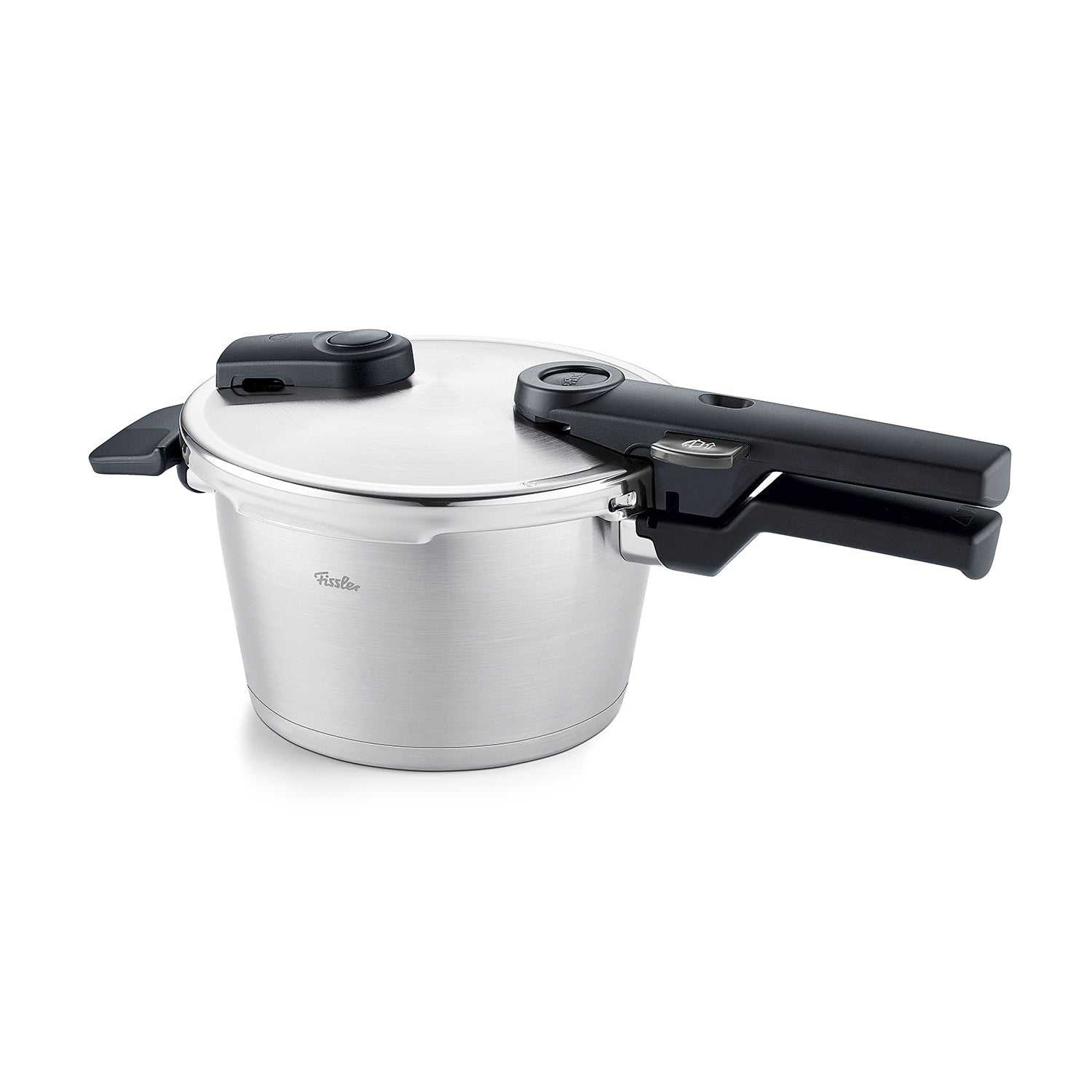 Fissler Vitaquick® Premium Schnellkochtopf-Deutscher Schnellkochtopf aus Edelstahl mit schwarzen Griffen, auf weißem Hintergrund.