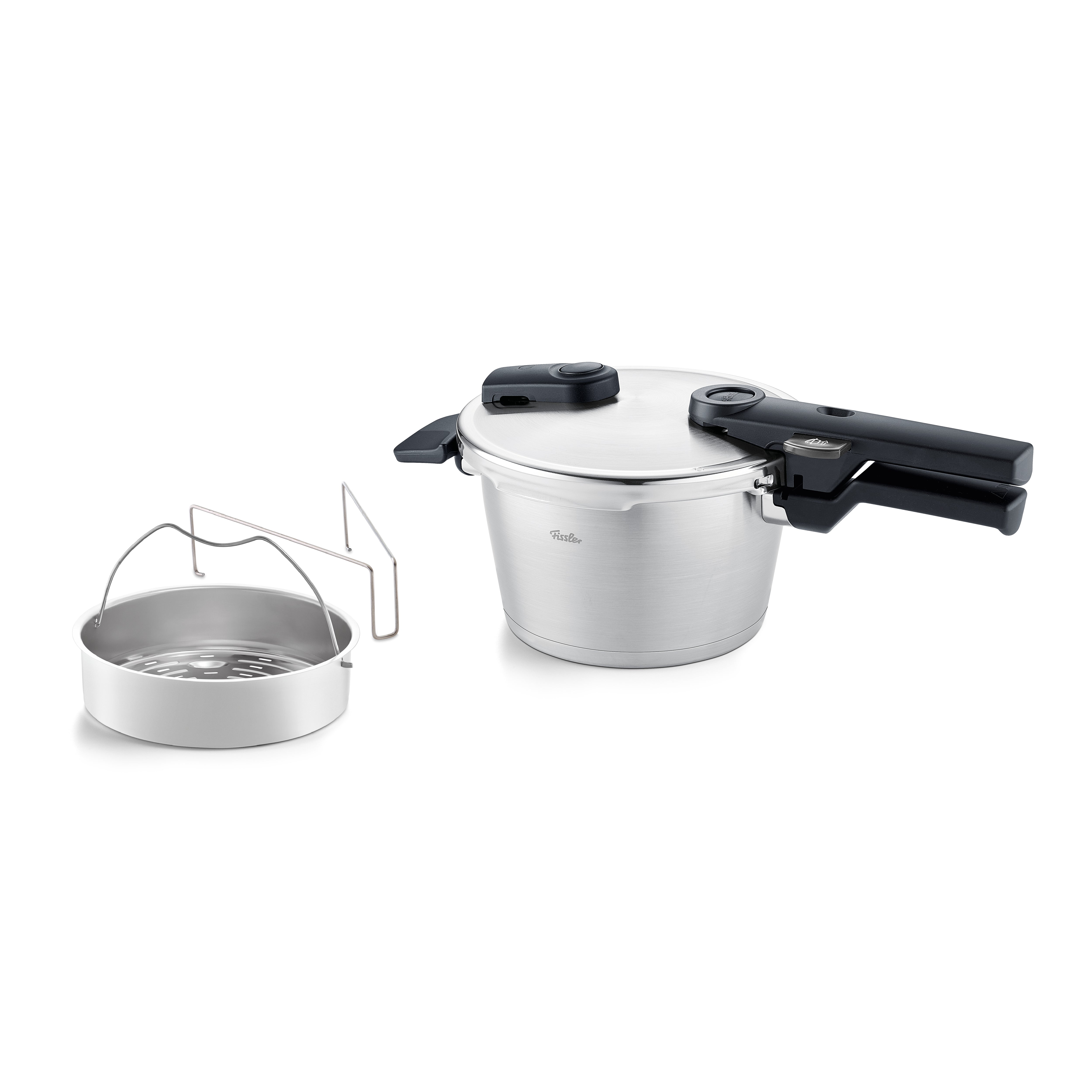 Fissler Vitaquick® Premium Pressure Cooker with Stainless Steel Steamer Basket and Insert, presenting German quality in white.