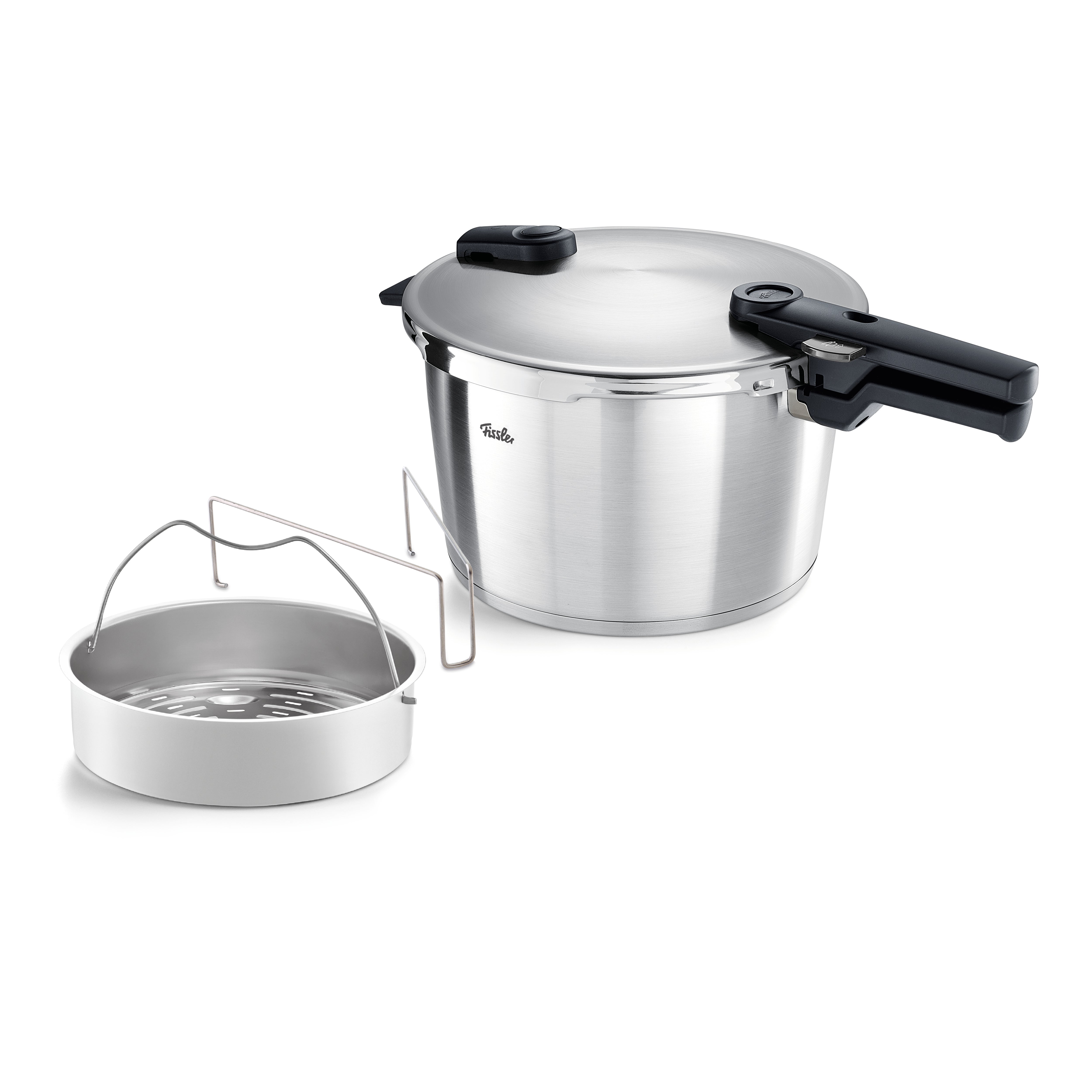 Fissler Vitaquick® Premium Schnellkochtopf mit schwarzem Griff, Deckel und abnehmbarem Dämpfkorb - deutsche Qualität in weiß.