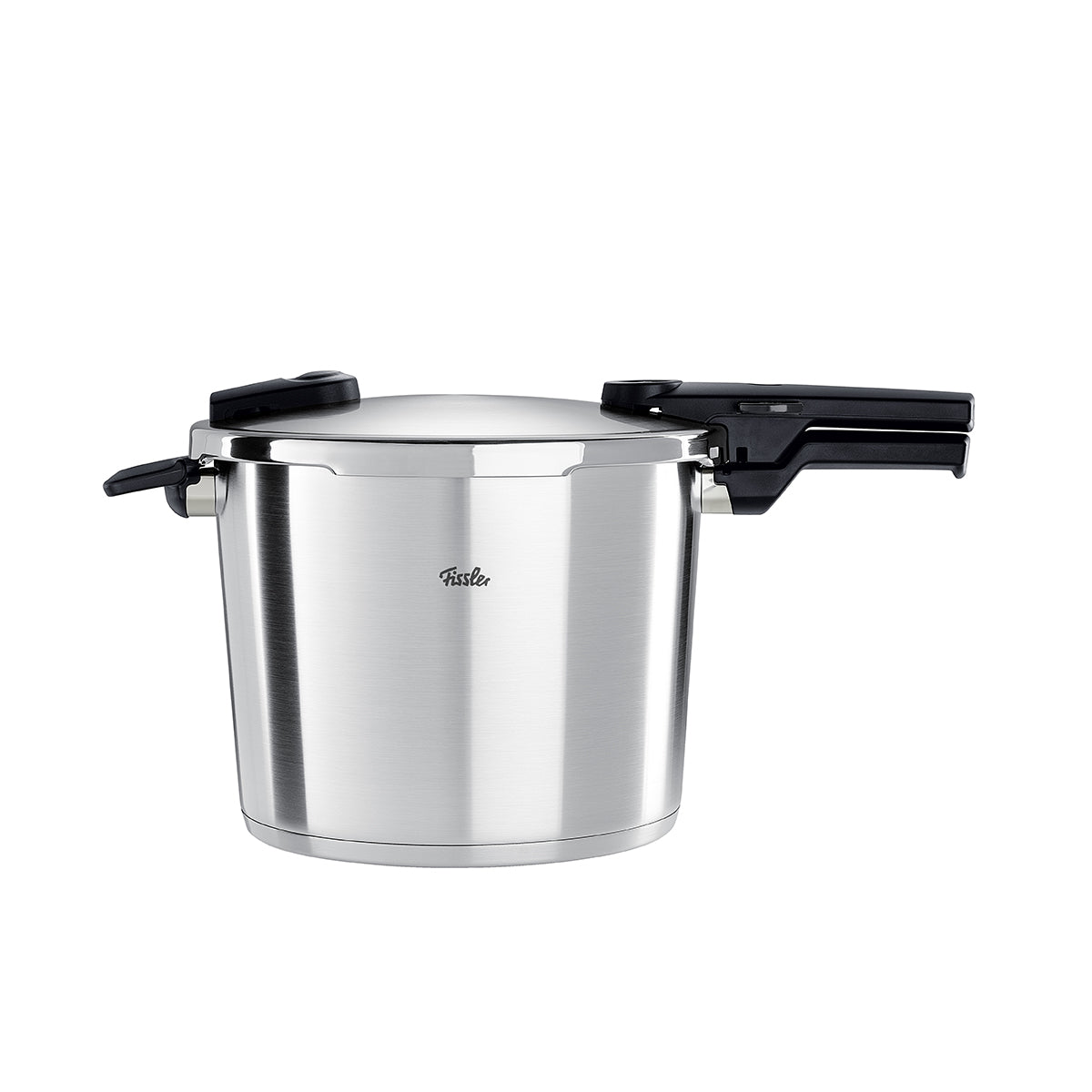 Fissler Vitaquick® Premium Schnellkochtopf aus poliertem Edelstahl mit schwarzen Griffen, präzisionsgefertigt und made in Germany.