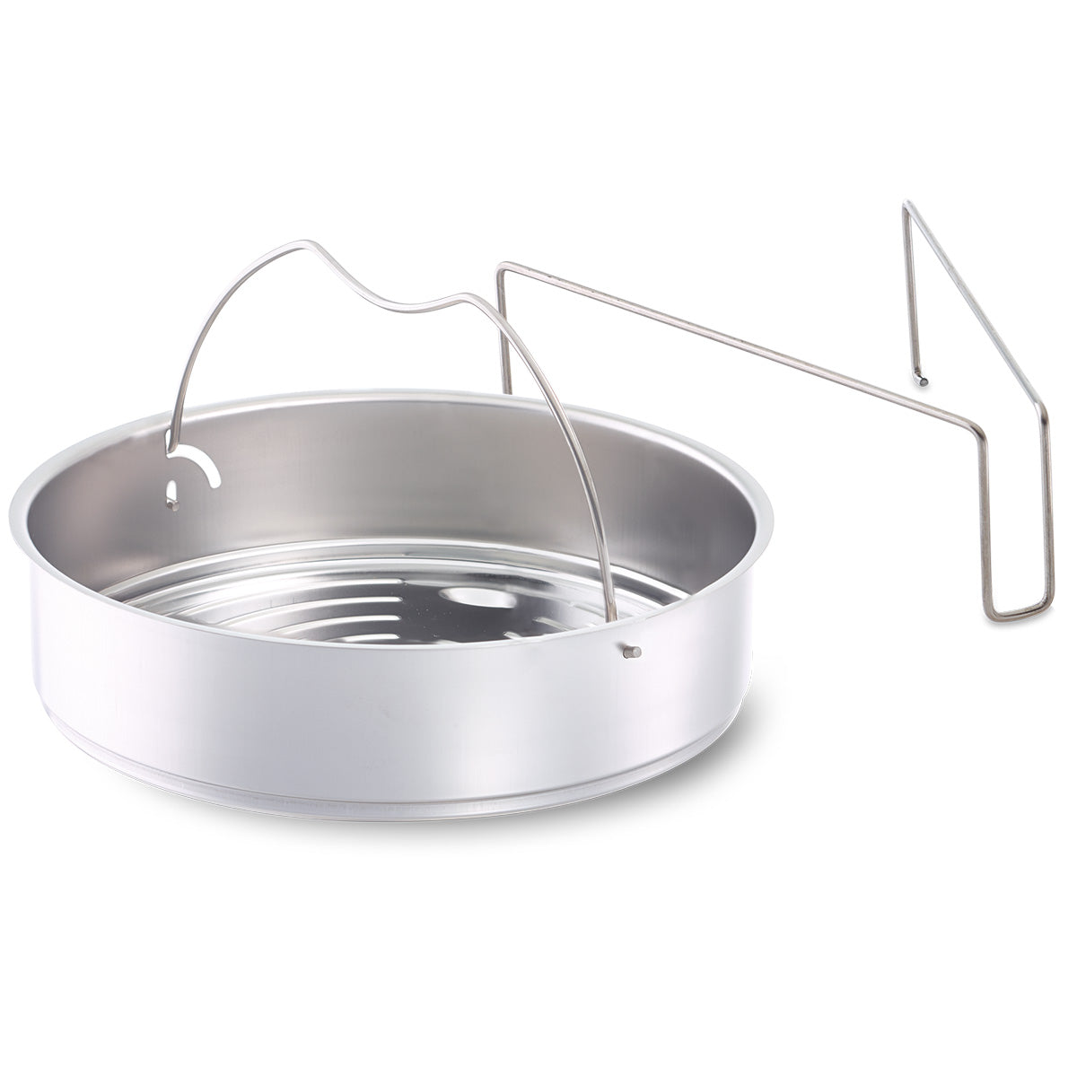 Fissler ungelochter Einsatz aus 18/10 Edelstahl mit Dreibein: runder, flacher Boden, abnehmbarer Griff-Made in Germany.